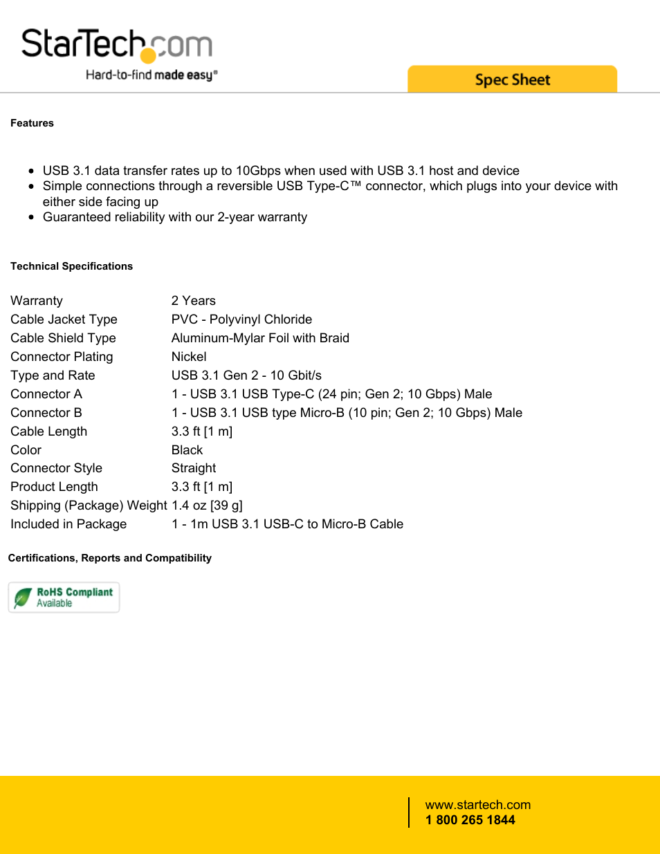 StarTech.com USB 3.1 Type-C Male to micro-USB Male Cable (3.3') User Manual | Page 2 / 2