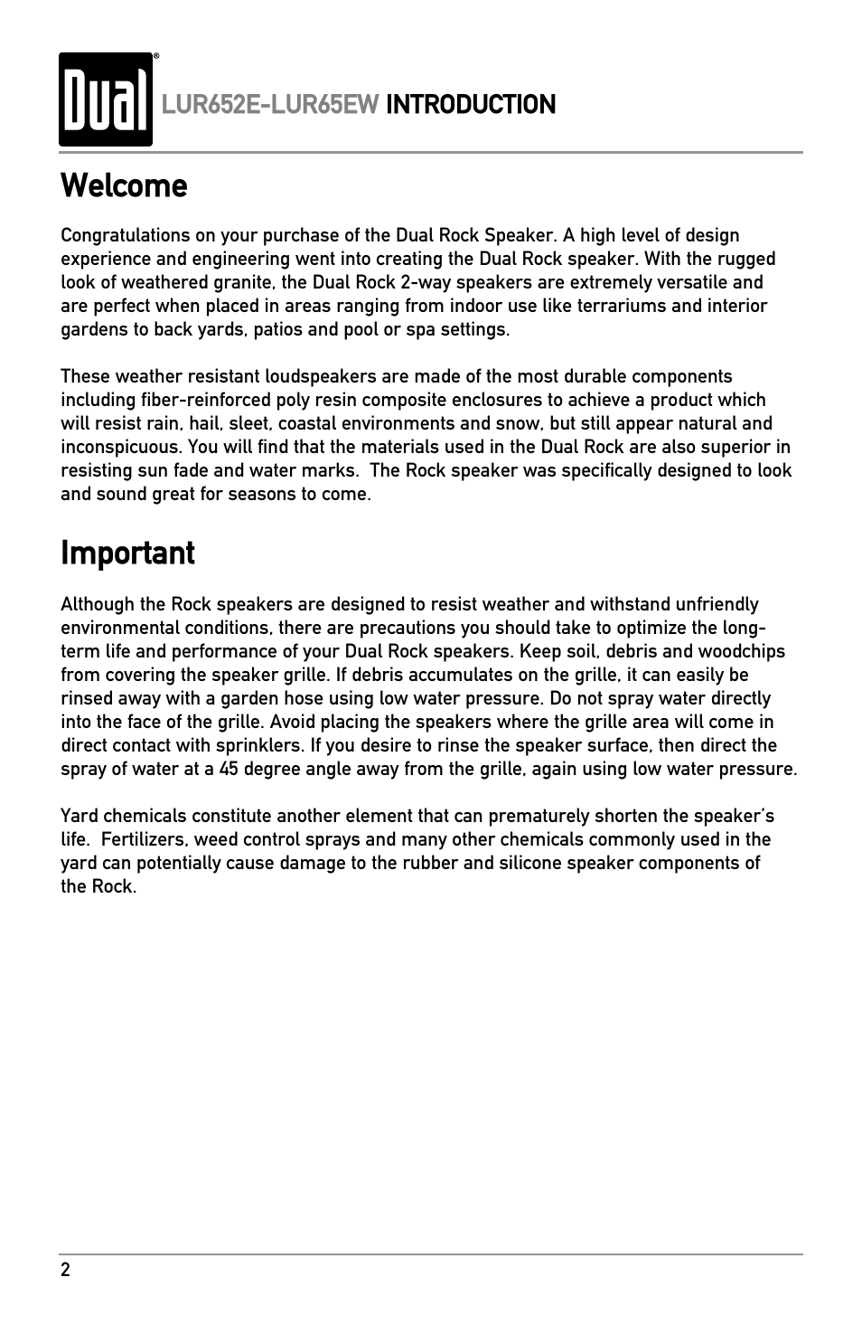 Welcome, Important | Dual LUR65EW User Manual | Page 2 / 8