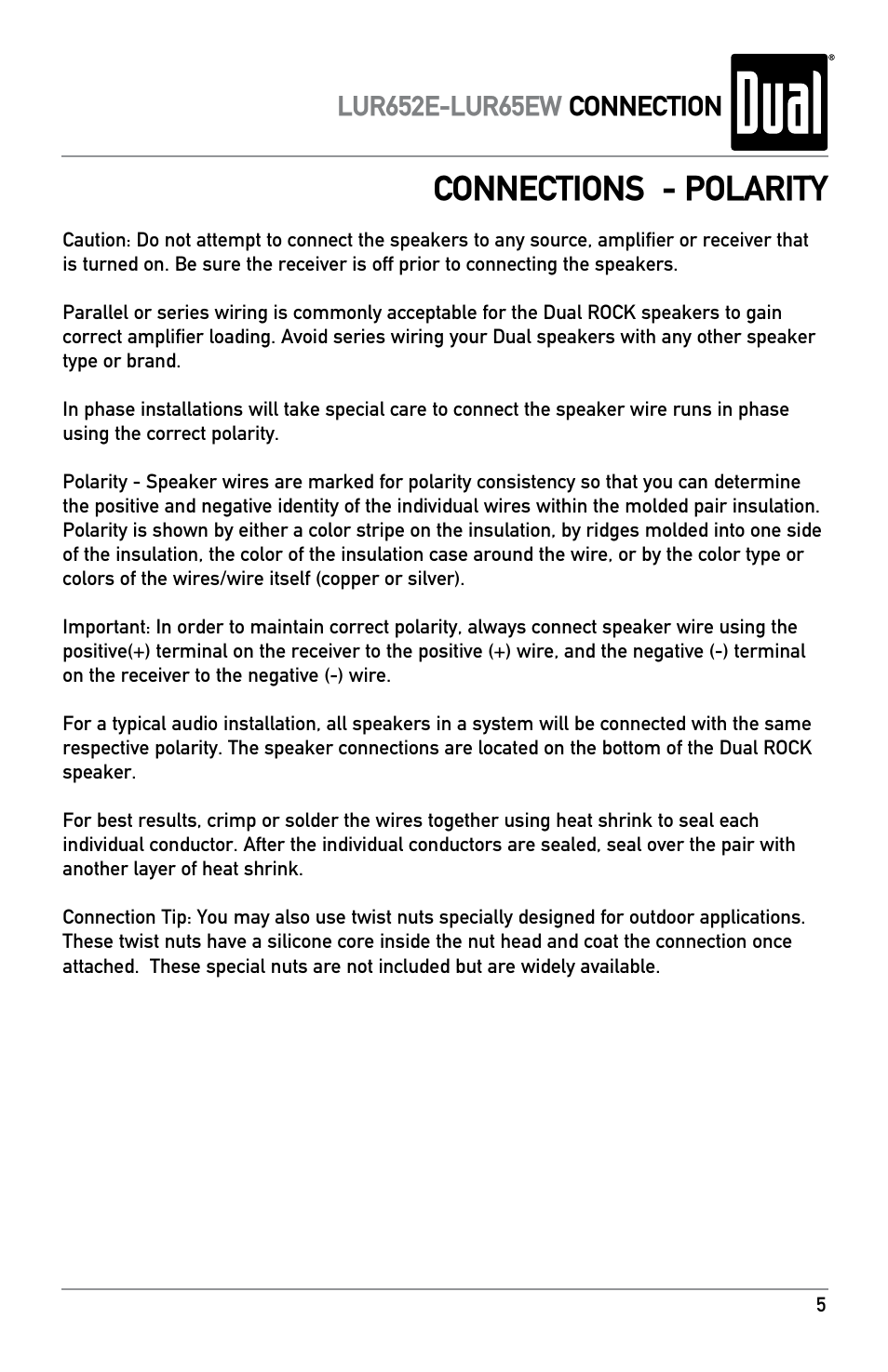 Connections - polarity | Dual LUR65EW User Manual | Page 5 / 8