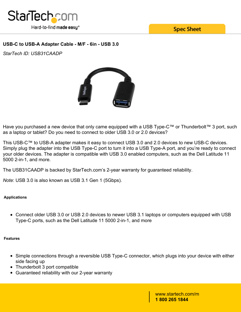 StarTech.com USB Type-C Male to USB Type-A Female Adapter Cable (6") User Manual | 2 pages