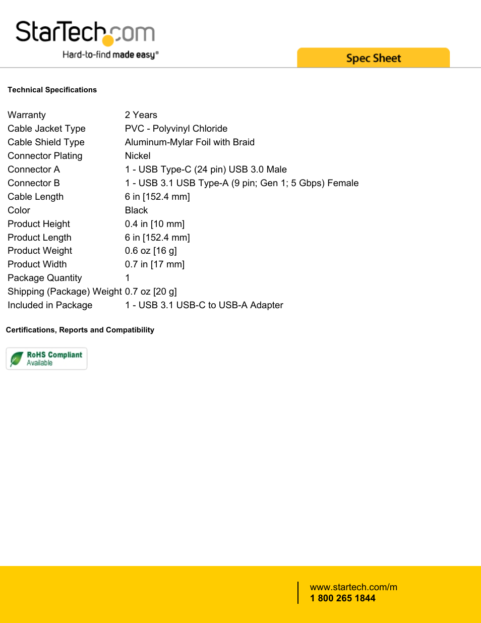 StarTech.com USB Type-C Male to USB Type-A Female Adapter Cable (6") User Manual | Page 2 / 2