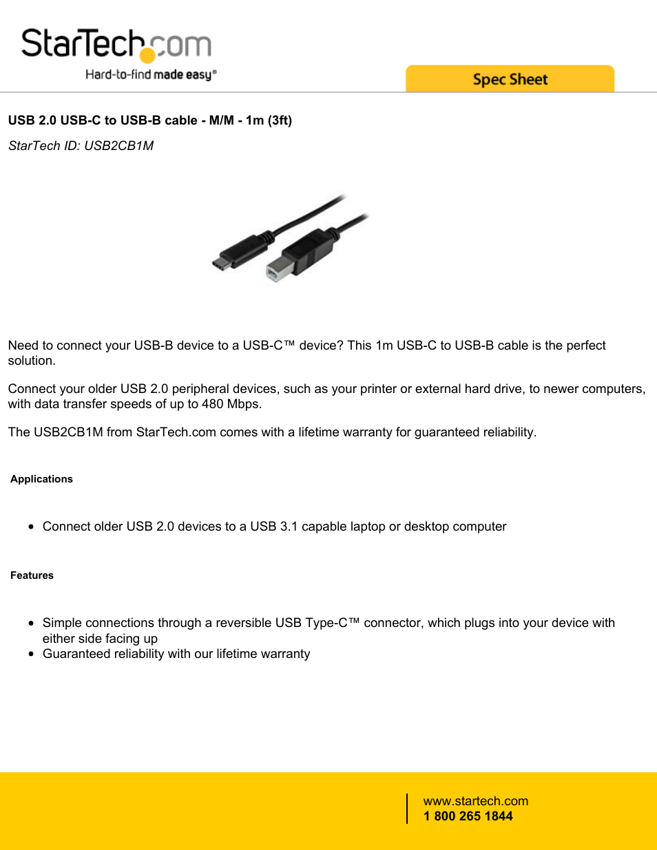 StarTech.com USB Type-C Male to USB Type-B Male Cable (3.3') User Manual | 2 pages