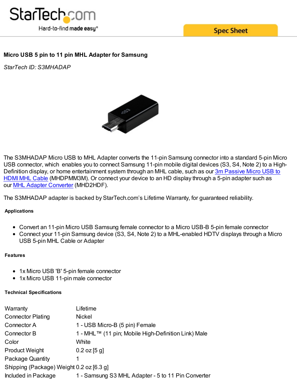 StarTech.com Micro USB 5-Pin to 11-Pin MHL Adapter for Samsung Devices User Manual | 2 pages