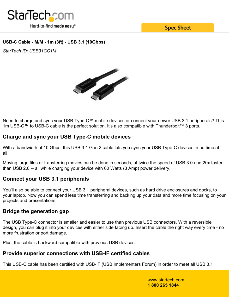 StarTech.com USB 3.1 Type-C Male to USB Type-C Male Cable (3.3') User Manual | 3 pages