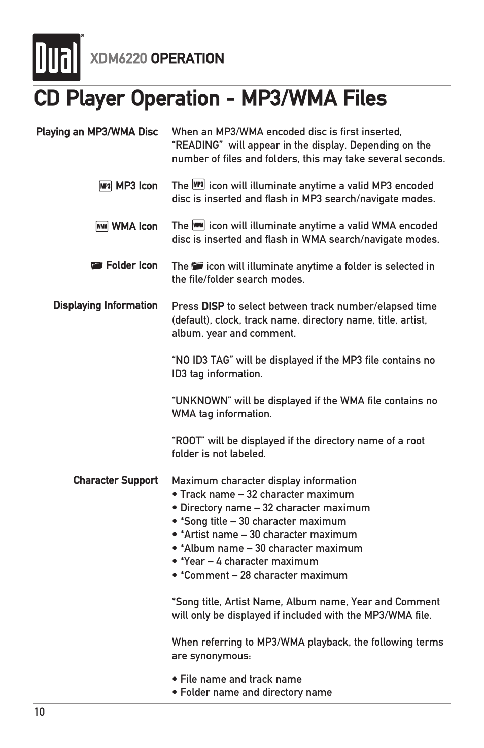 Cd player operation - mp3/wma files, Xdm6220 operation | Dual XDM6220 User Manual | Page 10 / 20