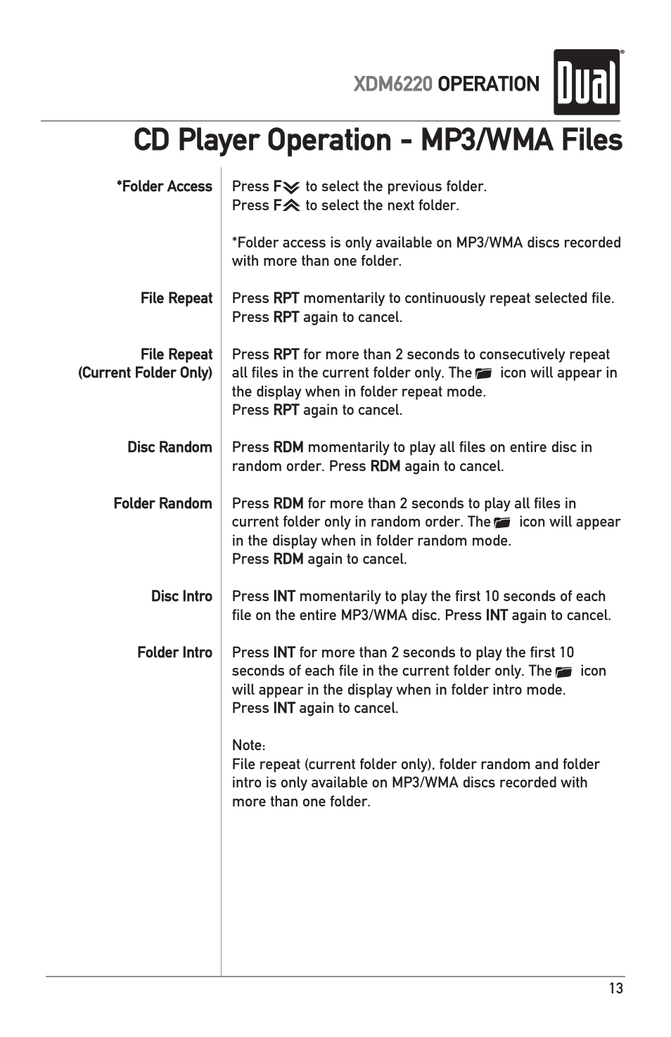 Cd player operation - mp3/wma files, Xdm6220 operation | Dual XDM6220 User Manual | Page 13 / 20