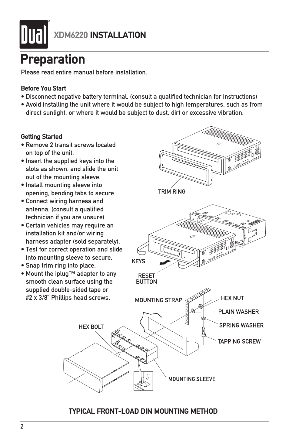 Preparation, Xdm6220 installation | Dual XDM6220 User Manual | Page 2 / 20