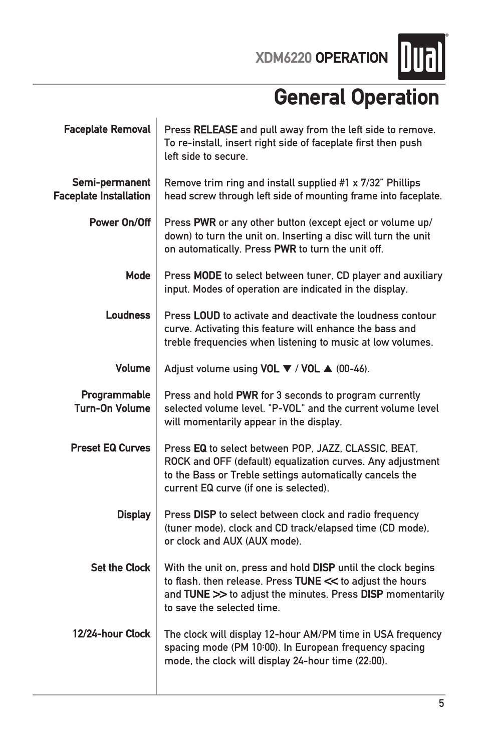 General operation, Xdm6220 operation | Dual XDM6220 User Manual | Page 5 / 20