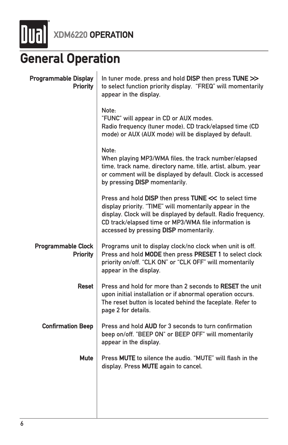 General operation, Xdm6220 operation | Dual XDM6220 User Manual | Page 6 / 20