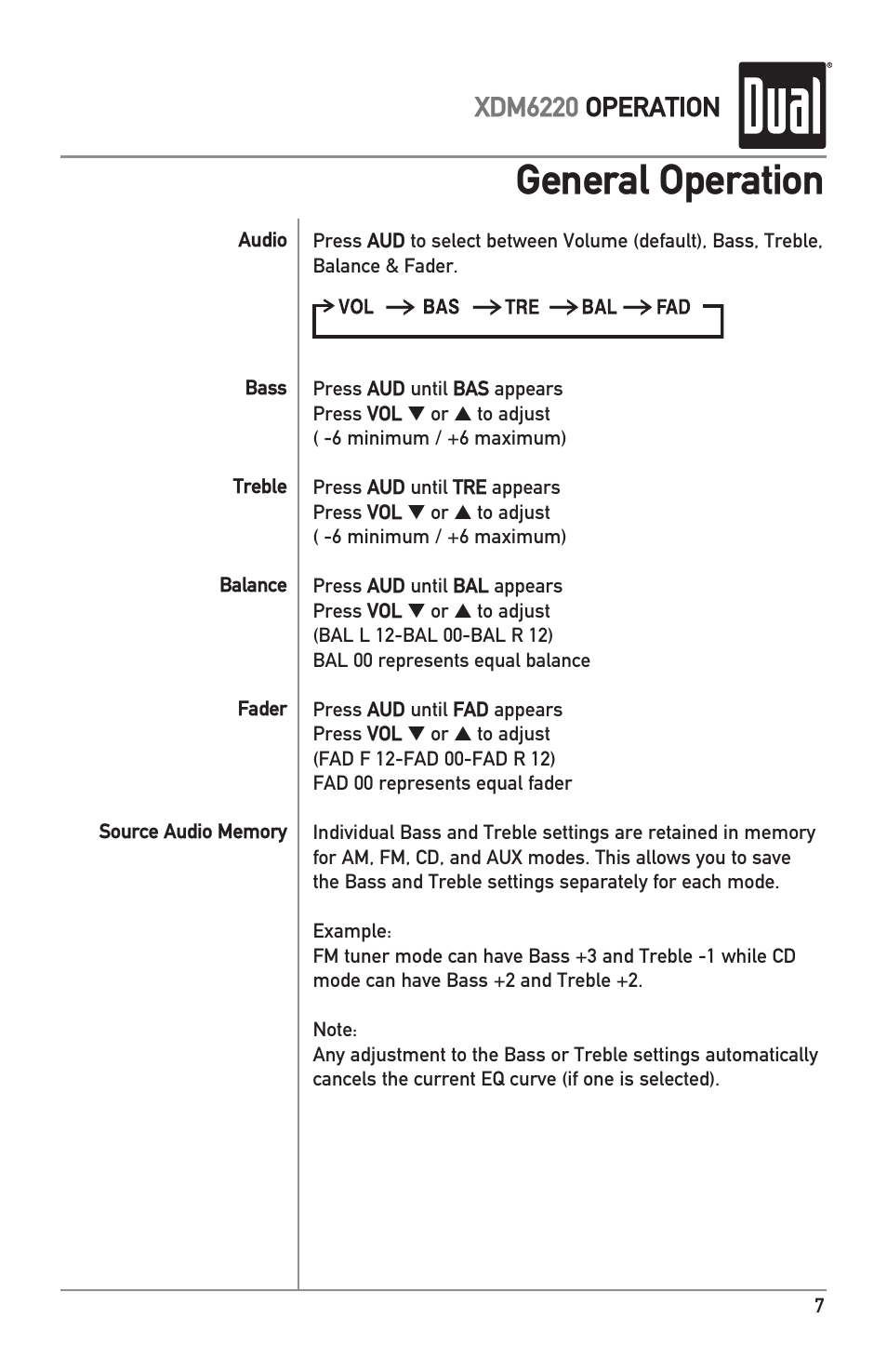 General operation, Xdm6220 operation | Dual XDM6220 User Manual | Page 7 / 20