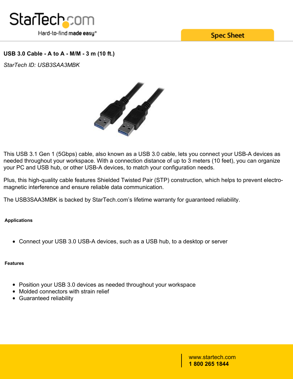 StarTech.com USB 3.0 Type-A Male to USB 3.0 Type-A Male Cable (10') User Manual | 2 pages