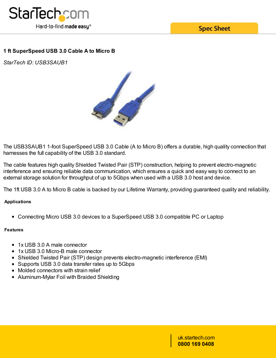 StarTech.com 1' (0.3m) SuperSpeed USB 3.0 A to Micro B Cable (Blue) User Manual | 2 pages