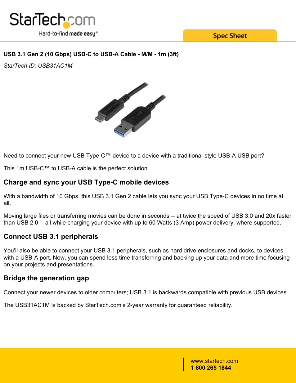 StarTech.com USB 3.1 Type-C Male to USB Type-A Male Cable (3.3') User Manual | 3 pages