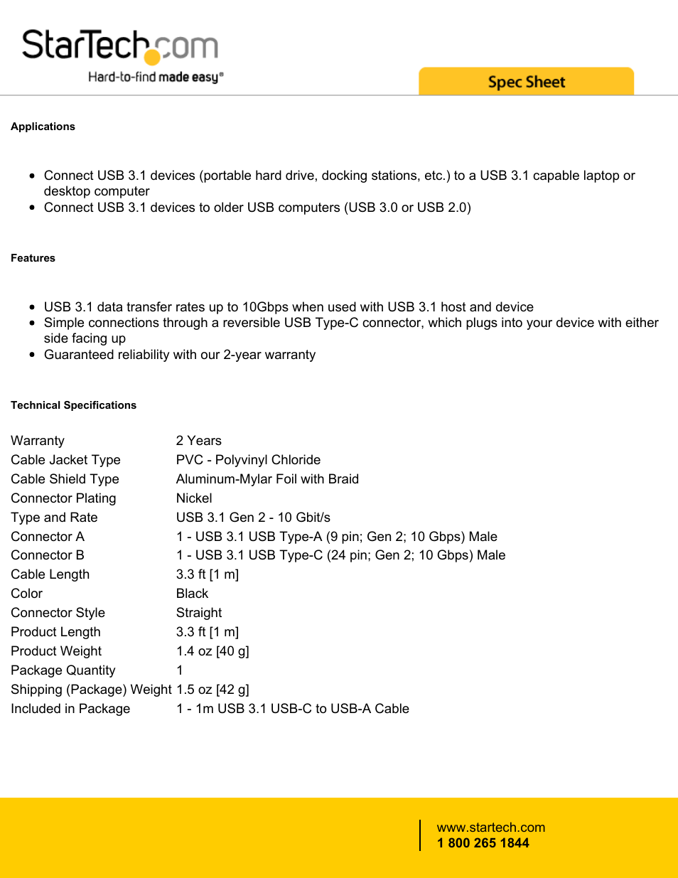 StarTech.com USB 3.1 Type-C Male to USB Type-A Male Cable (3.3') User Manual | Page 2 / 3