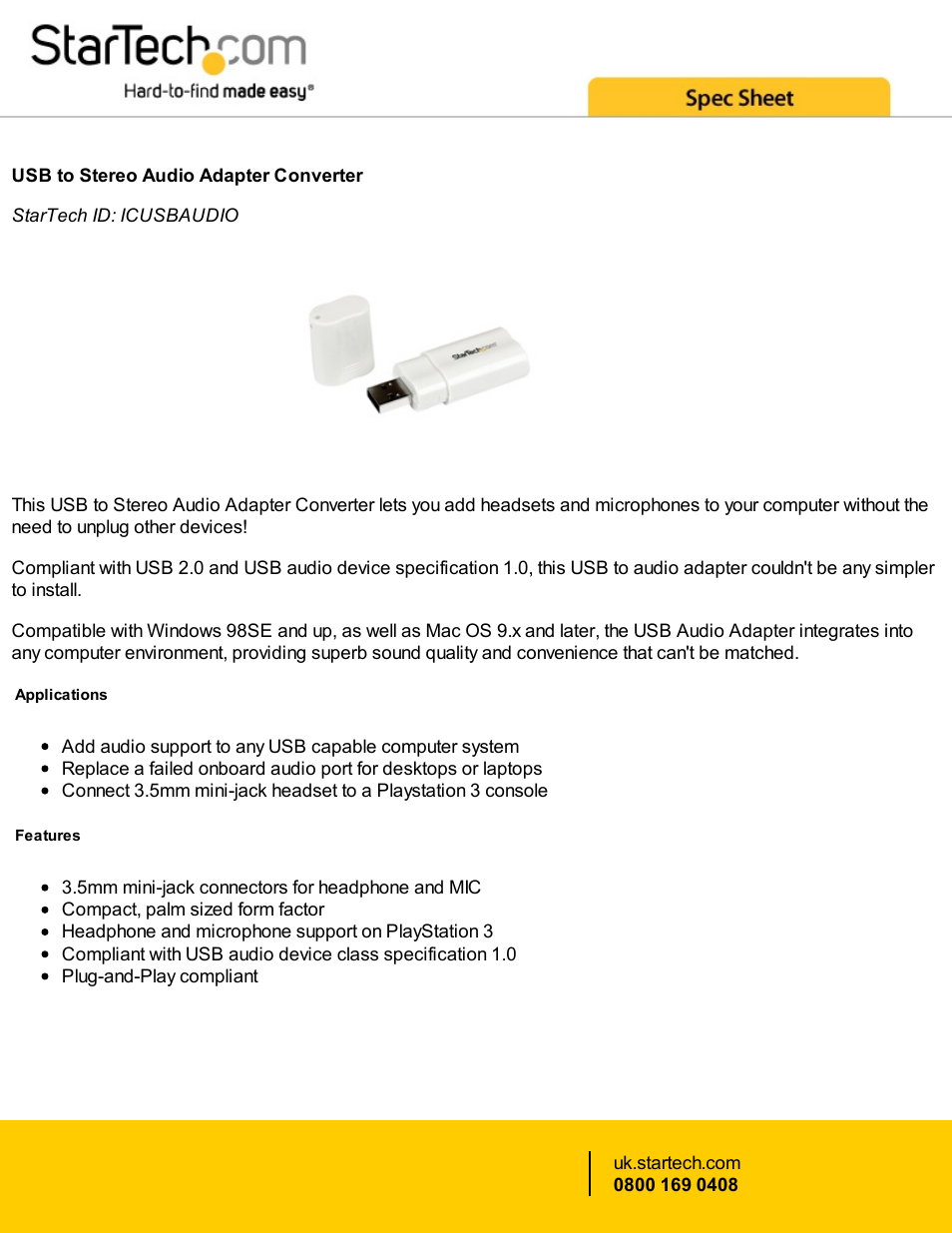 StarTech.com USB To Stereo Audio Adapter Converter User Manual | 3 pages