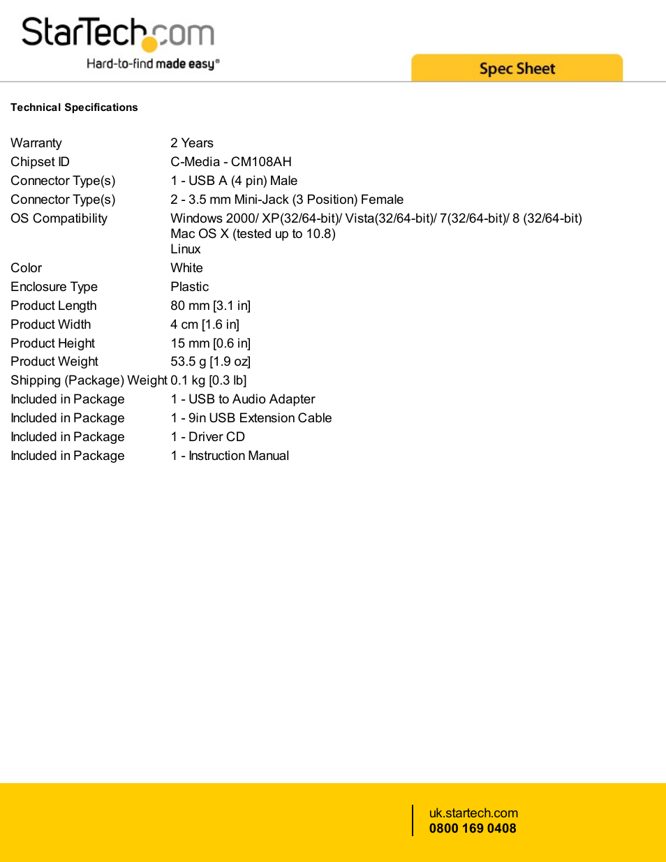 StarTech.com USB To Stereo Audio Adapter Converter User Manual | Page 2 / 3