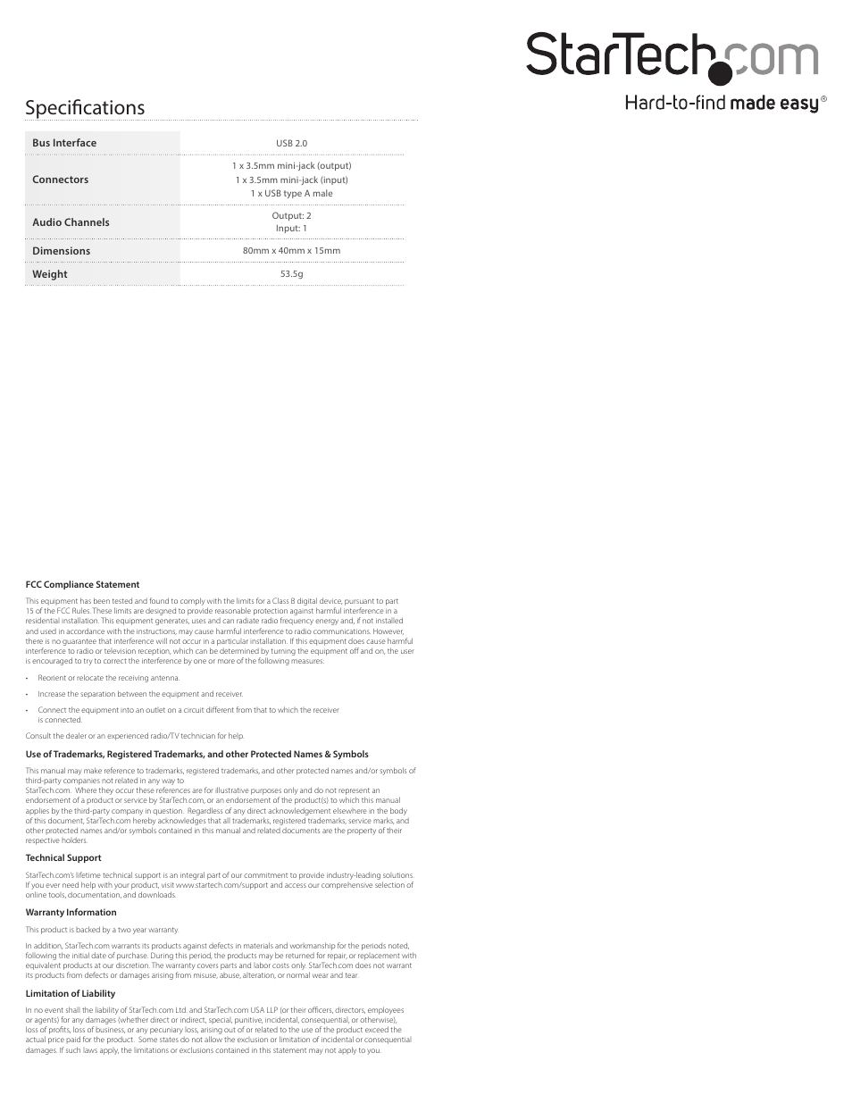 Specifications | StarTech.com USB To Stereo Audio Adapter Converter User Manual | Page 2 / 2