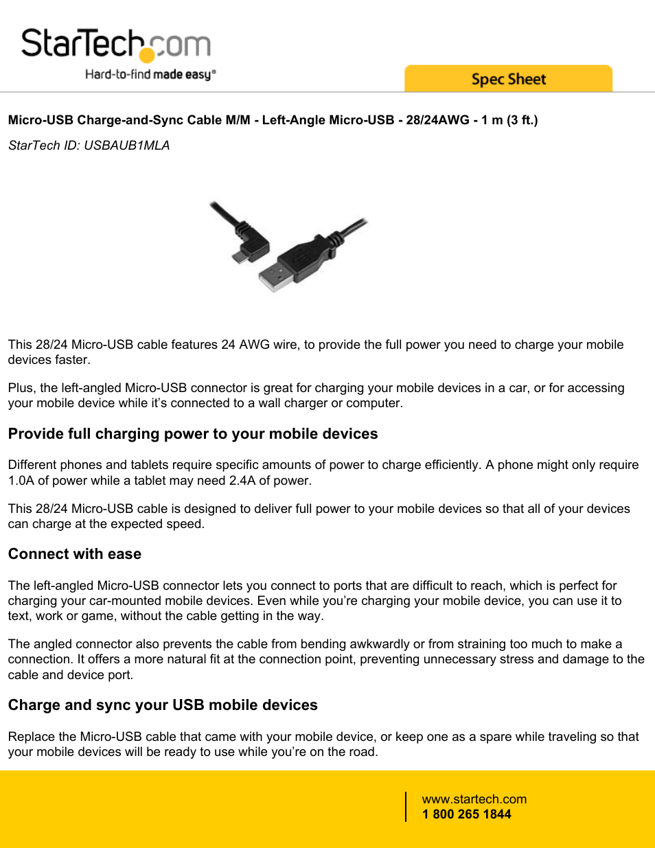 StarTech.com Left-Angle Micro-USB to USB Charge & Sync Cable (3') User Manual | 3 pages