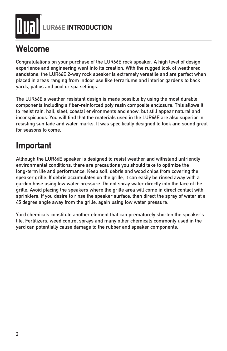 Welcome, Important | Dual LUR66E User Manual | Page 2 / 8
