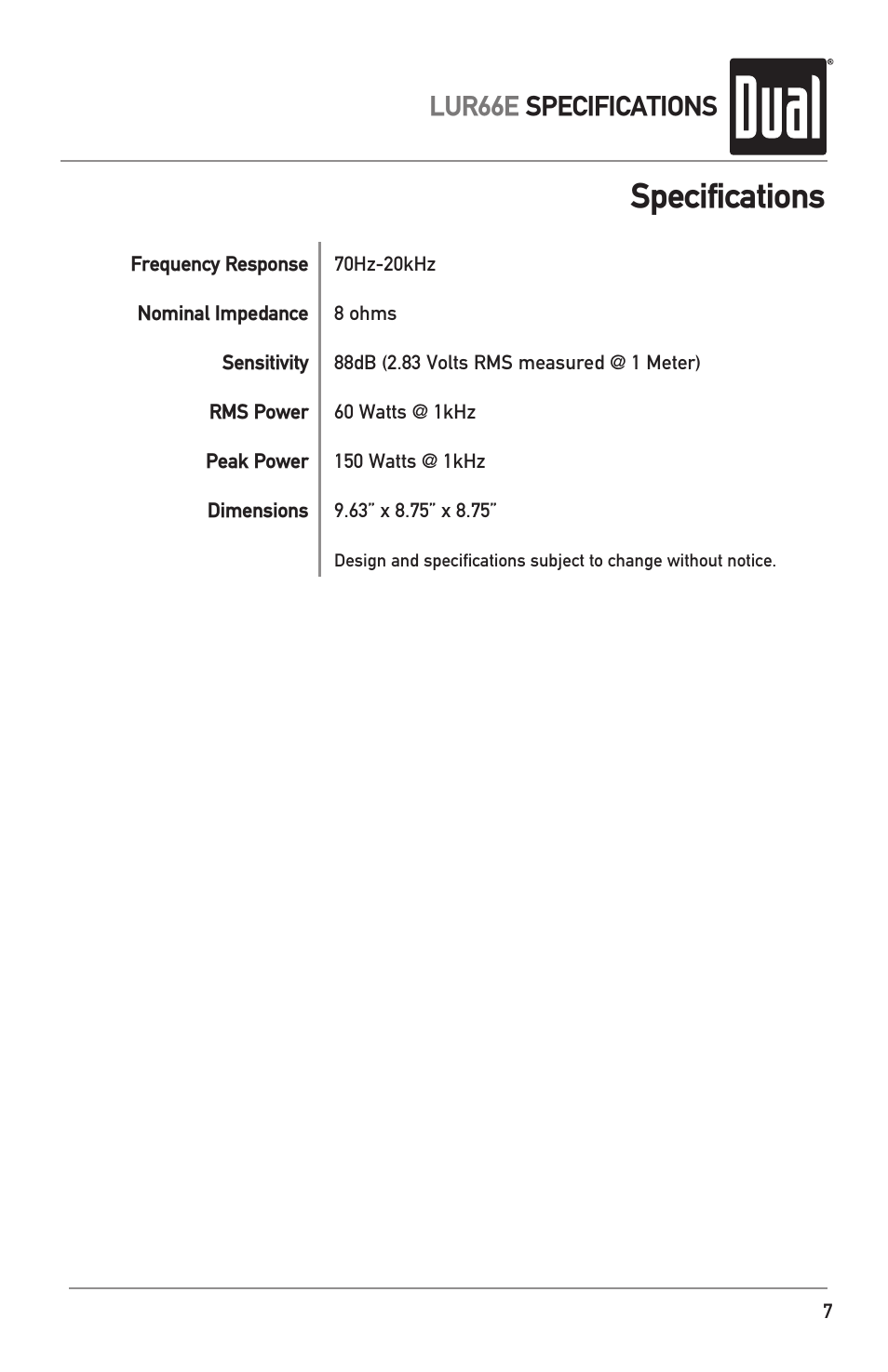 Specifications, Lur66e specifications | Dual LUR66E User Manual | Page 7 / 8