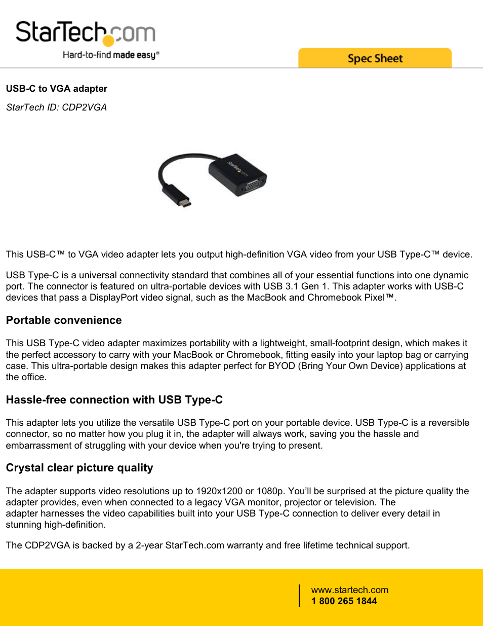 StarTech.com USB Type-C to VGA Adapter (Black) User Manual | 3 pages