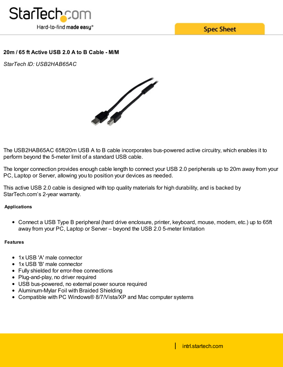 StarTech.com USB 2.0 Type-A Male to Type-B Male Active Cable (65') User Manual | 2 pages