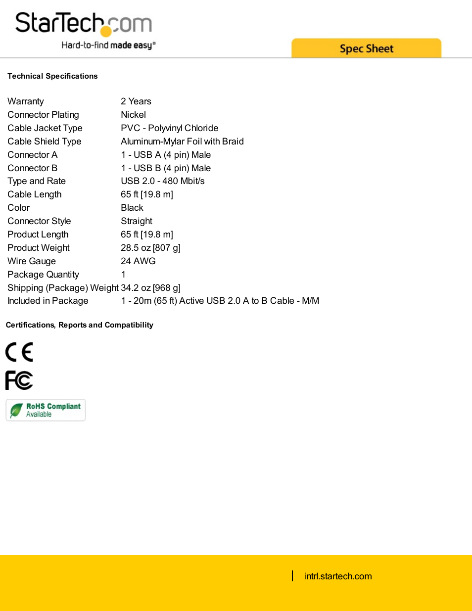 StarTech.com USB 2.0 Type-A Male to Type-B Male Active Cable (65') User Manual | Page 2 / 2