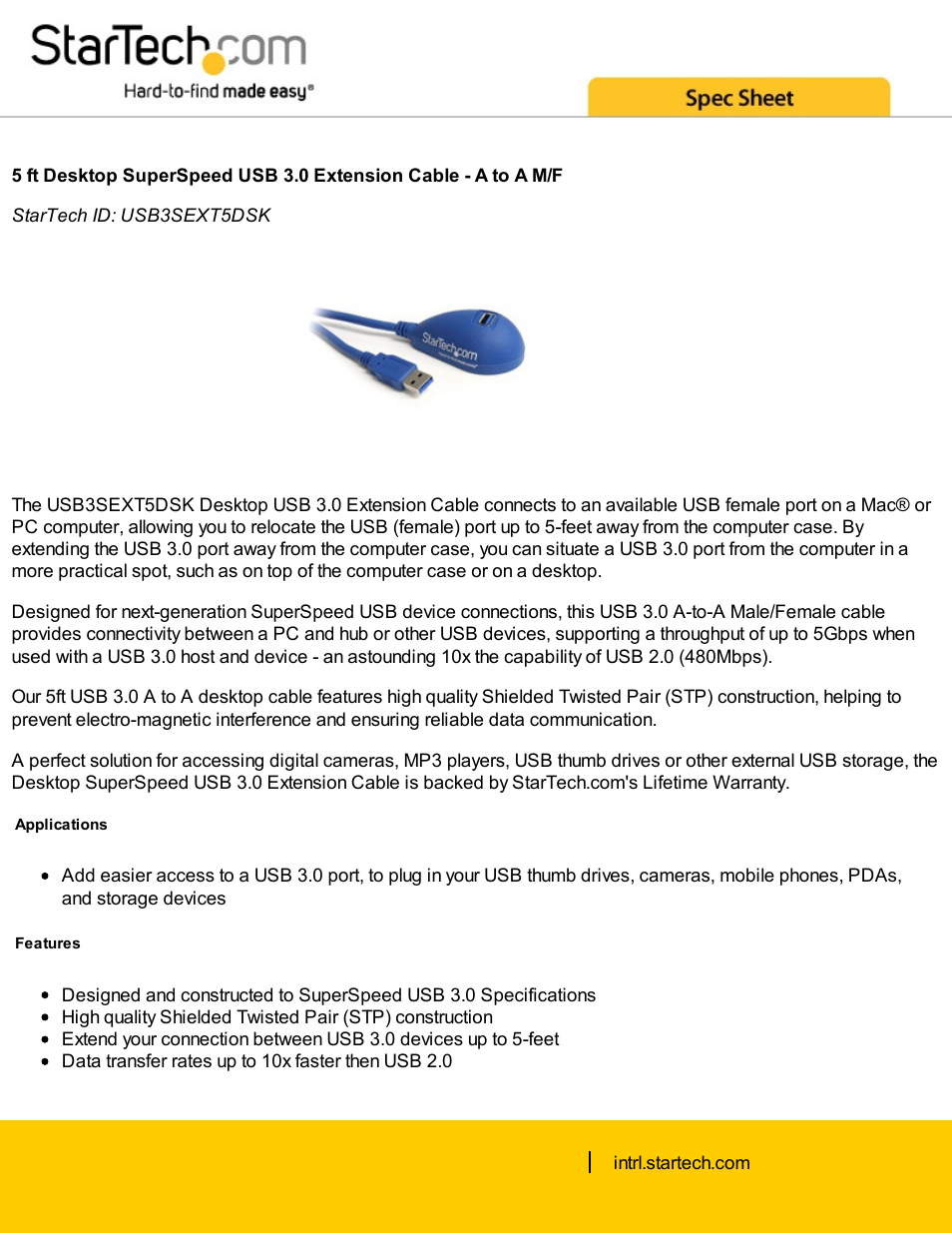 StarTech.com Male to Female Desktop SuperSpeed USB 3.0 A to A Extension Cable (Blue, 5') User Manual | 2 pages
