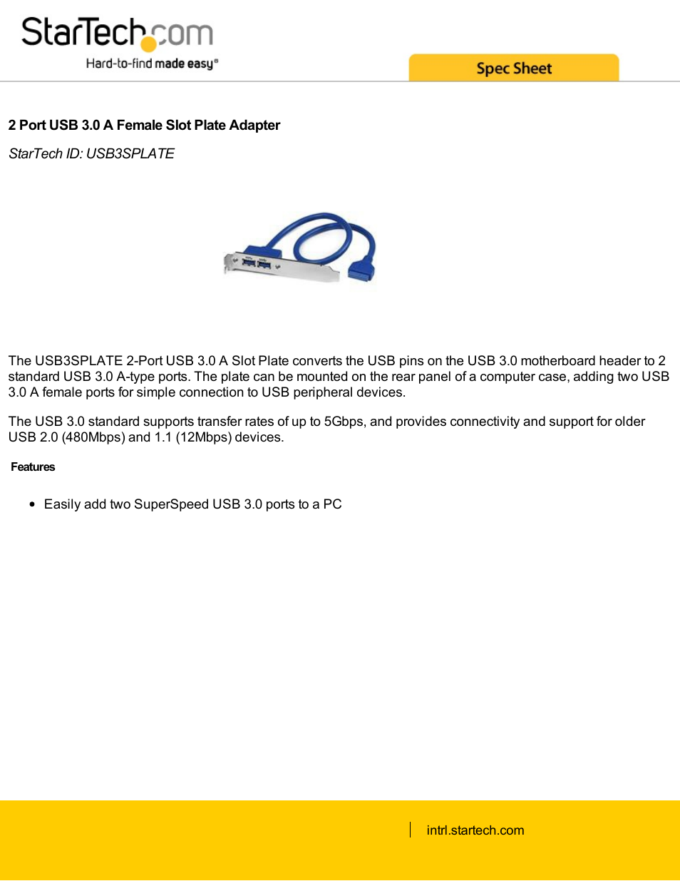 StarTech.com 2-Port USB 3.0 A Female Slot Plate Adapter (Blue) User Manual | 2 pages
