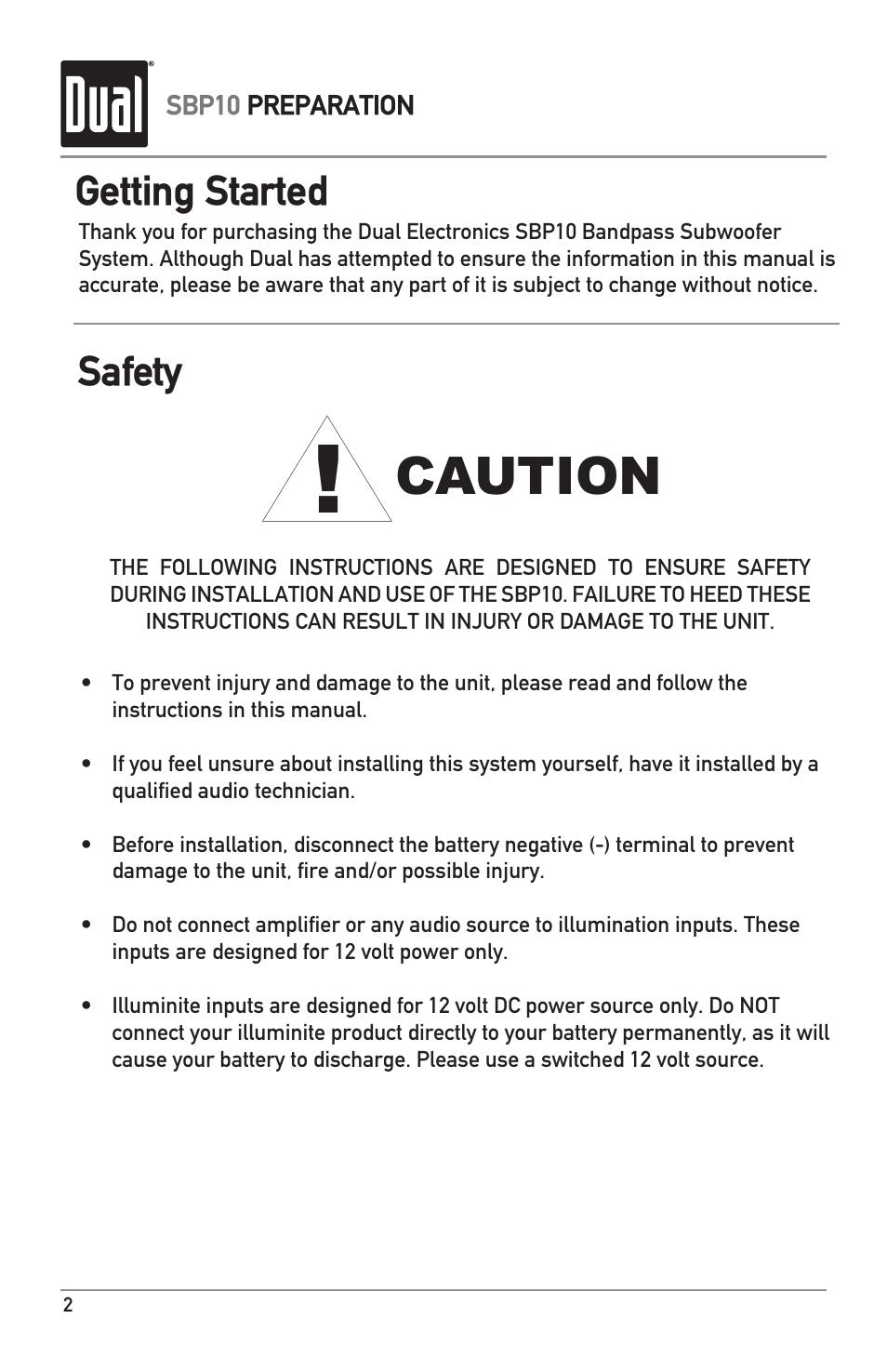 Caution, Getting started, Safety | Dual ILLUMINITE SBP10 User Manual | Page 2 / 8