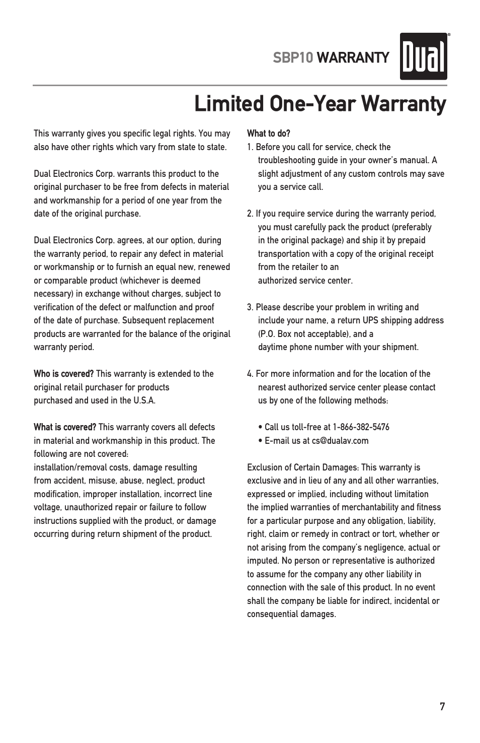 Limited one-year warranty, Sbp10 warranty | Dual ILLUMINITE SBP10 User Manual | Page 7 / 8