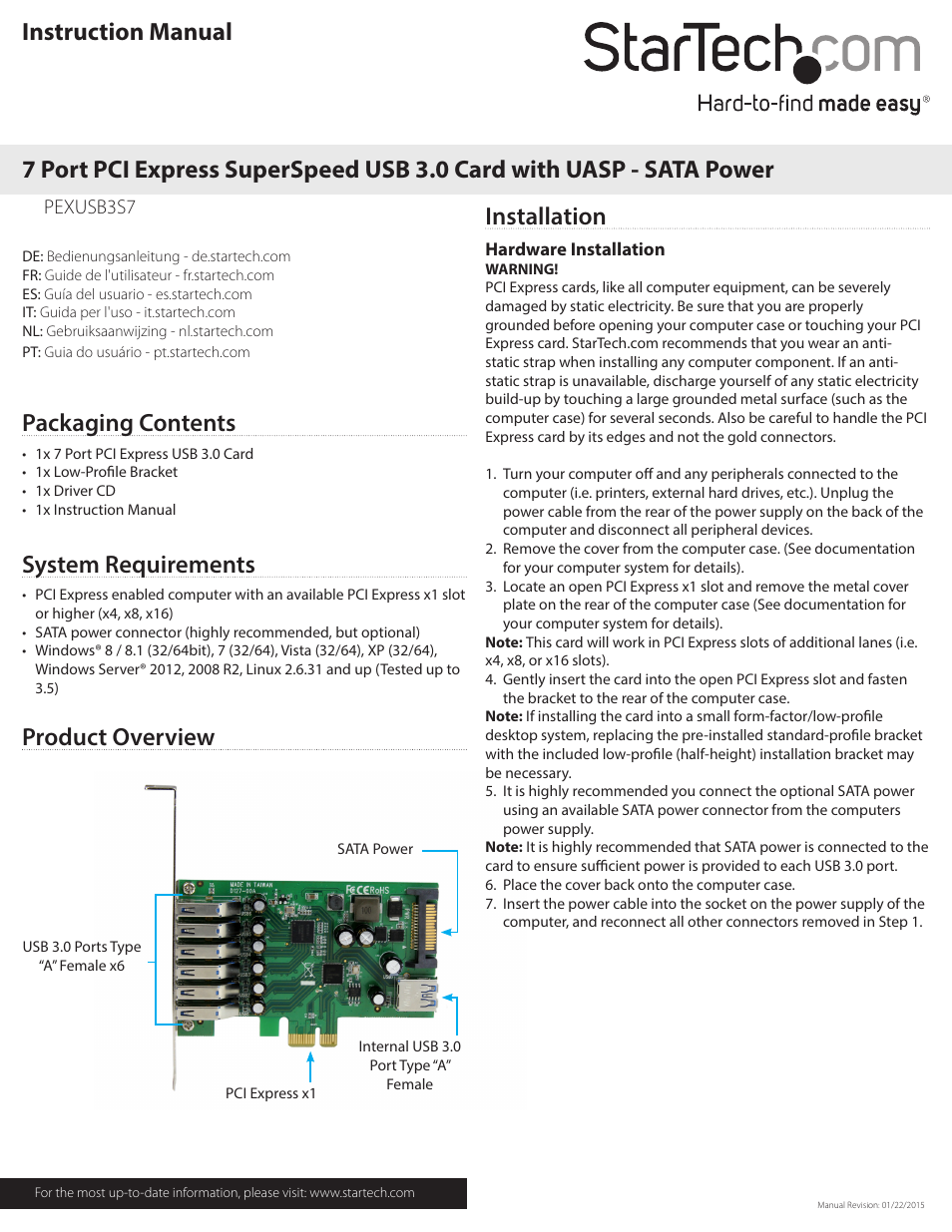 StarTech.com 7-Port USB 3.0 PCI Express 2.0 x1 Card User Manual | 2 pages