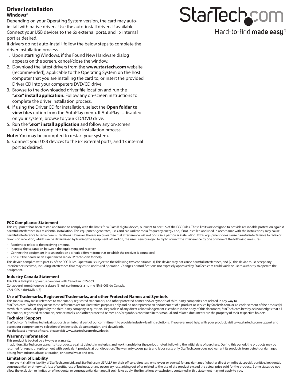 Driver installation | StarTech.com 7-Port USB 3.0 PCI Express 2.0 x1 Card User Manual | Page 2 / 2