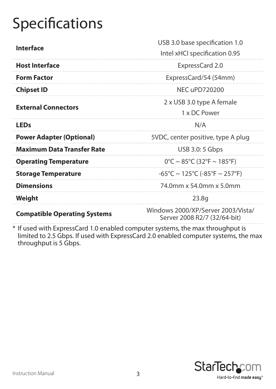 Specifications | StarTech.com 2-Port ExpressCard 54mm USB 3.0 Card Adapter with UASP User Manual | Page 6 / 8