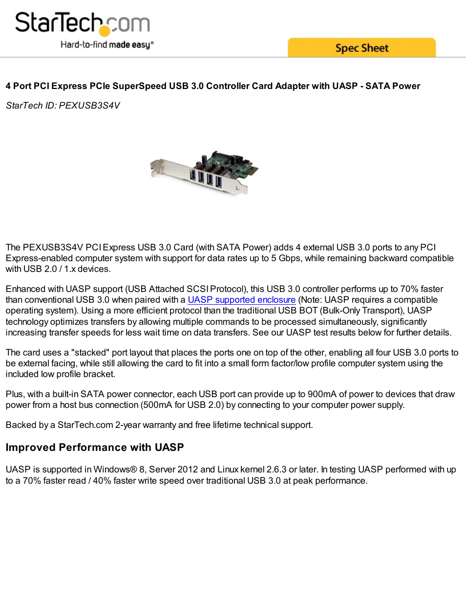 StarTech.com 4-Port SuperSpeed USB 3.0 PCIe Card with SATA Power Connector & UASP User Manual | 4 pages