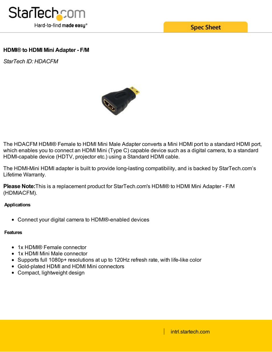 StarTech.com HDACFM HDMI Female to HDMI Male Mini Adapter User Manual | 2 pages