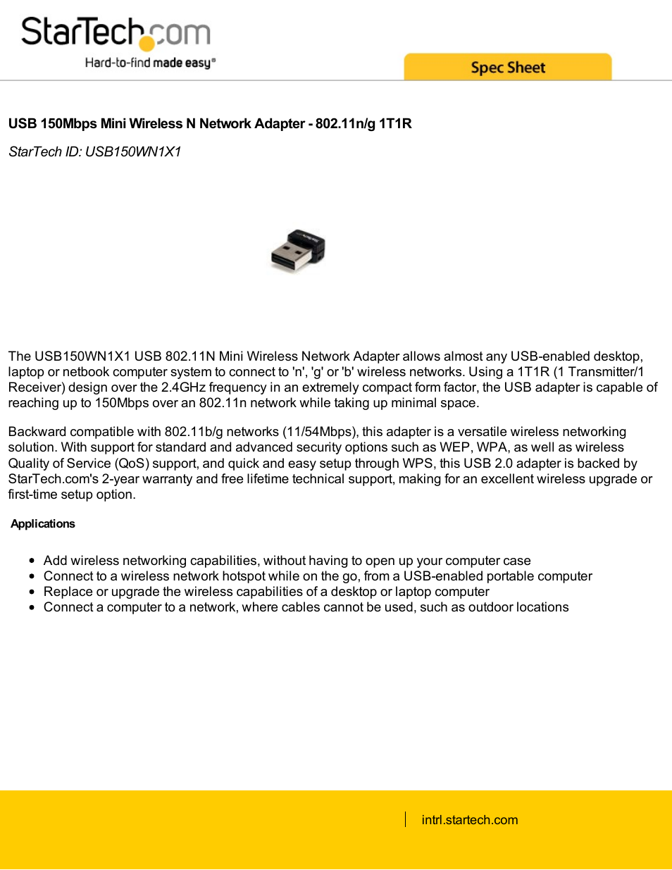 StarTech.com USB150WN1X1 USB 150Mb/s 802.11n/g 1T1R Mini Wireless N Network Adapter (Black) User Manual | 4 pages