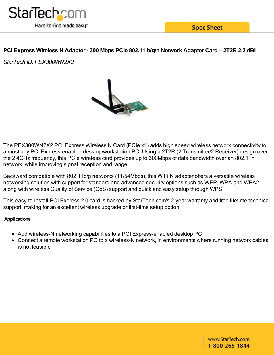 StarTech.com 300 Mb/s PCIe 802.11 b/g/n Wireless Network Adapter User Manual | 4 pages