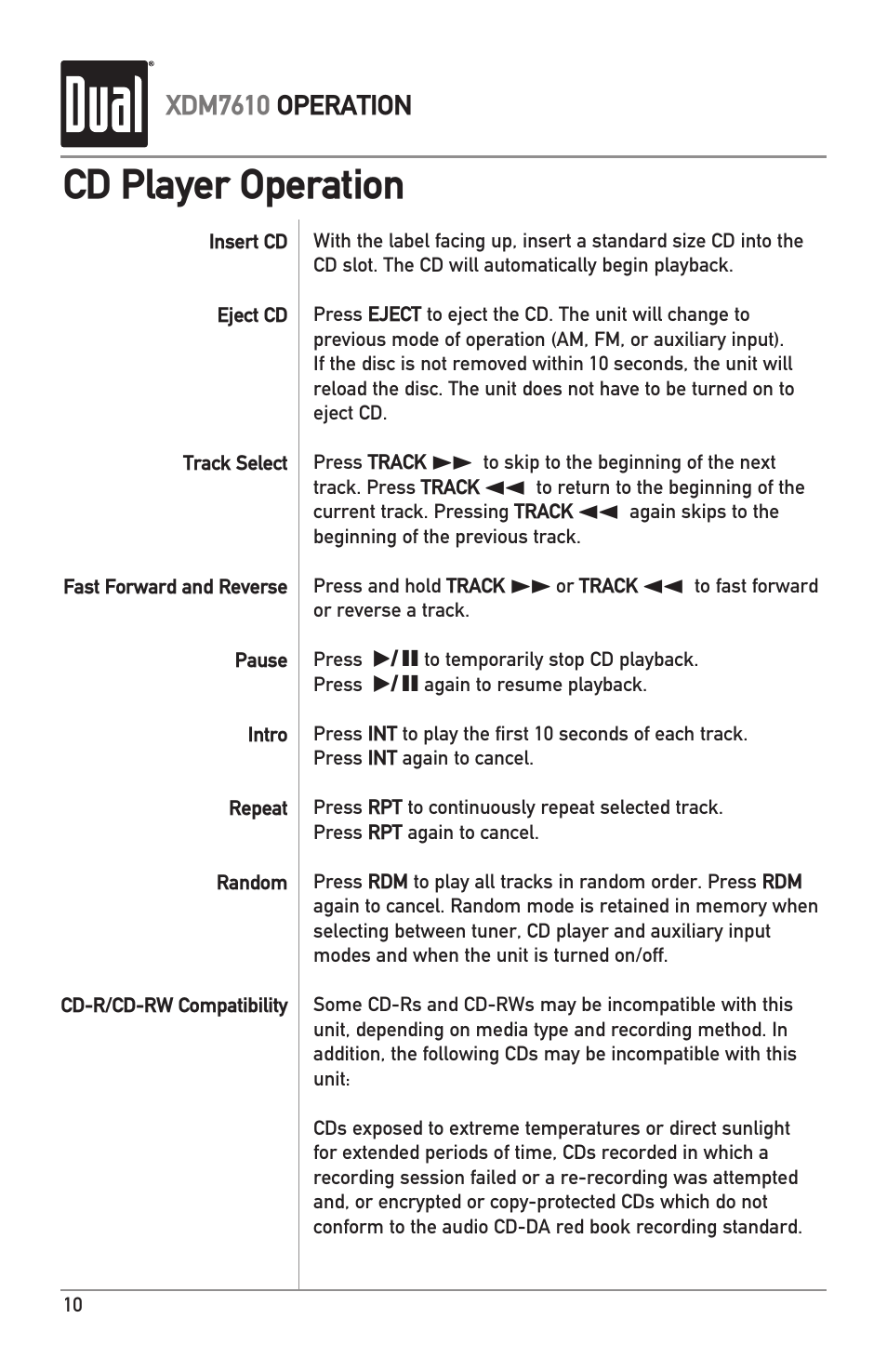 Cd player operation | Dual XDM7610 User Manual | Page 10 / 20