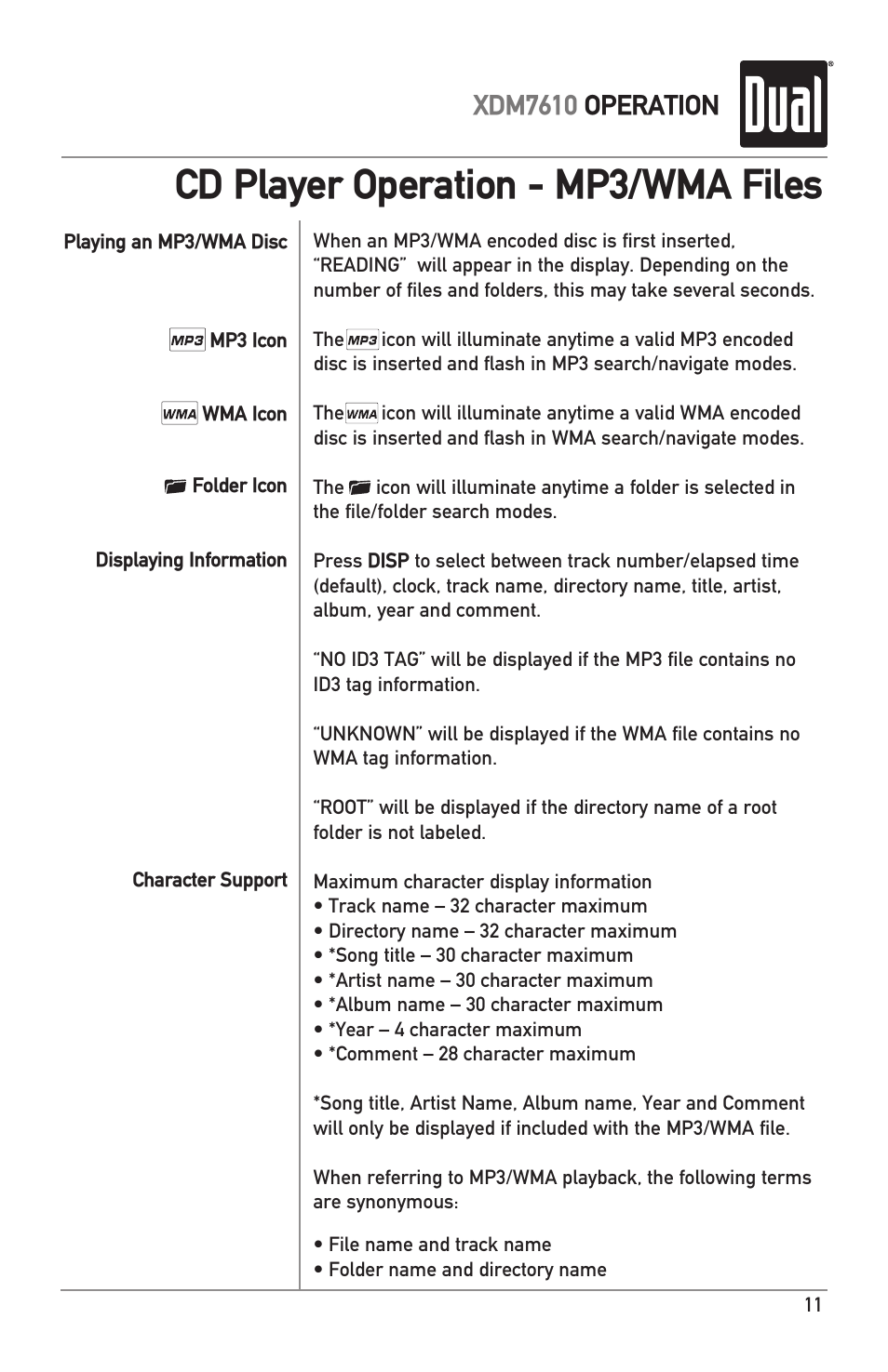 Cd player operation - mp3/wma files, Xdm7610 operation | Dual XDM7610 User Manual | Page 11 / 20