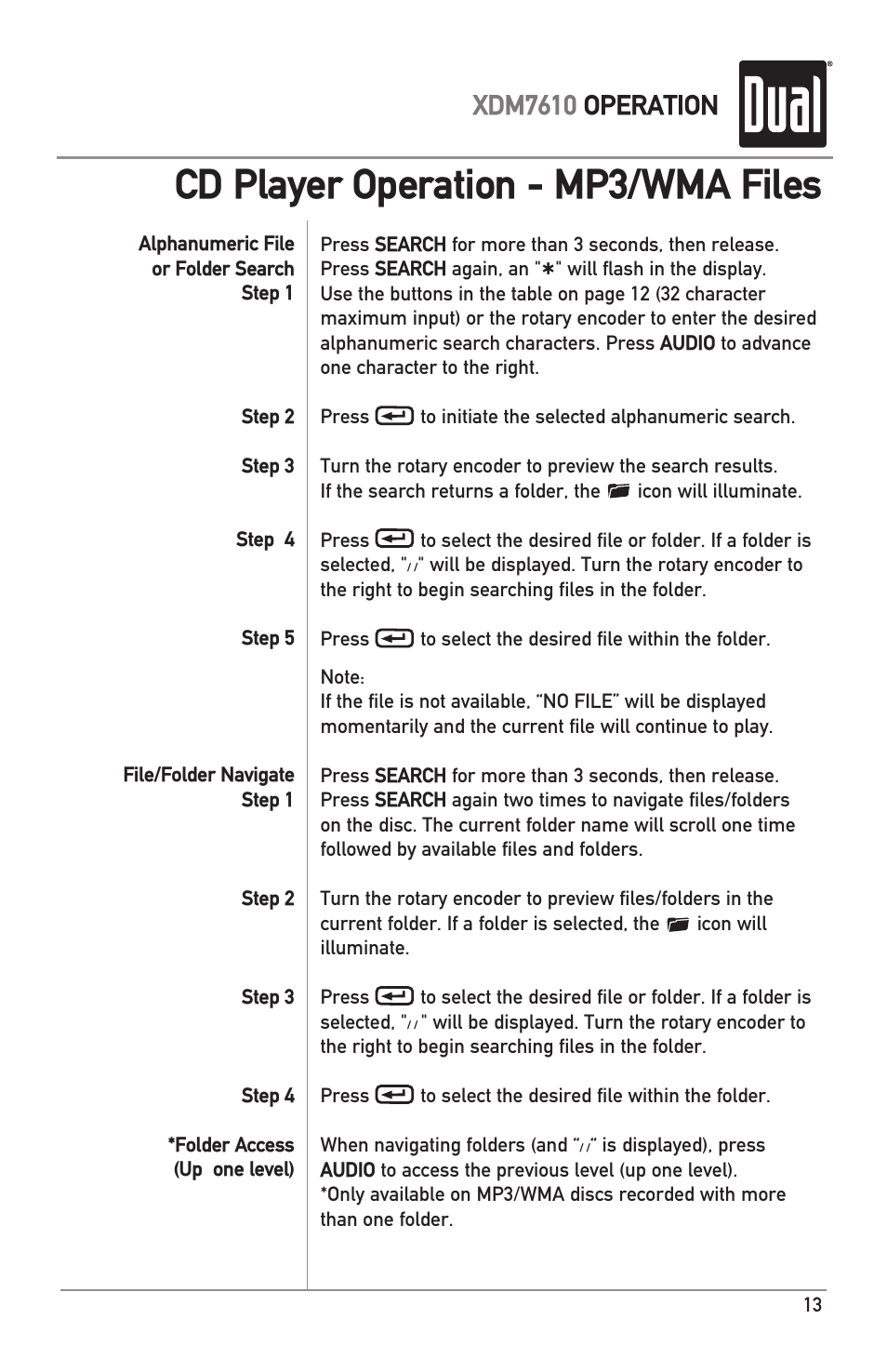 Cd player operation - mp3/wma files, Xdm7610 operation | Dual XDM7610 User Manual | Page 13 / 20