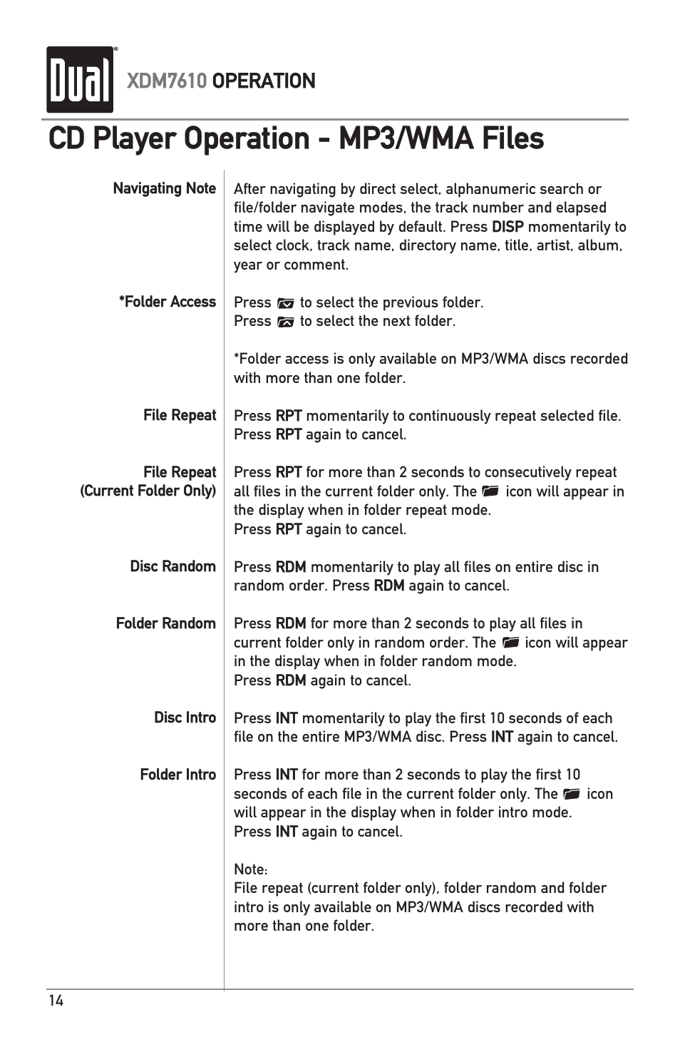 Cd player operation - mp3/wma files, Xdm7610 operation | Dual XDM7610 User Manual | Page 14 / 20