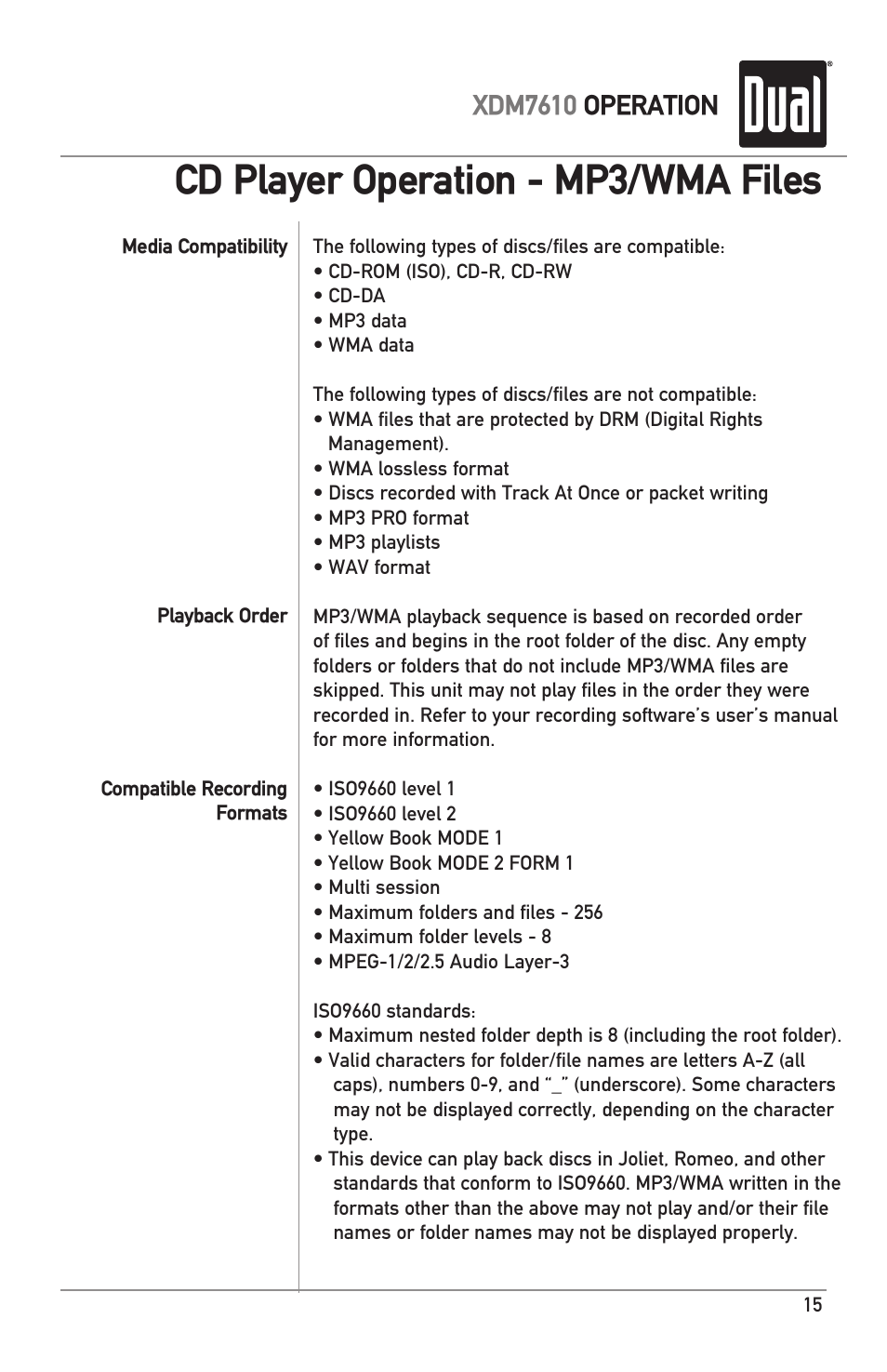 Cd player operation - mp3/wma files, Xdm7610 operation | Dual XDM7610 User Manual | Page 15 / 20