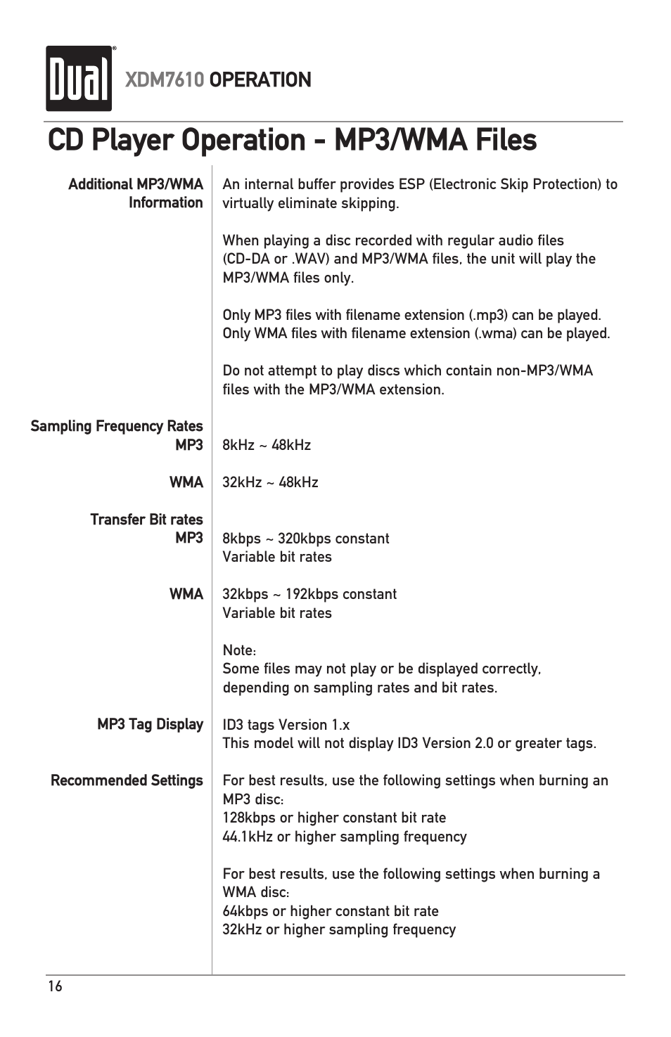 Cd player operation - mp3/wma files, Xdm7610 operation | Dual XDM7610 User Manual | Page 16 / 20