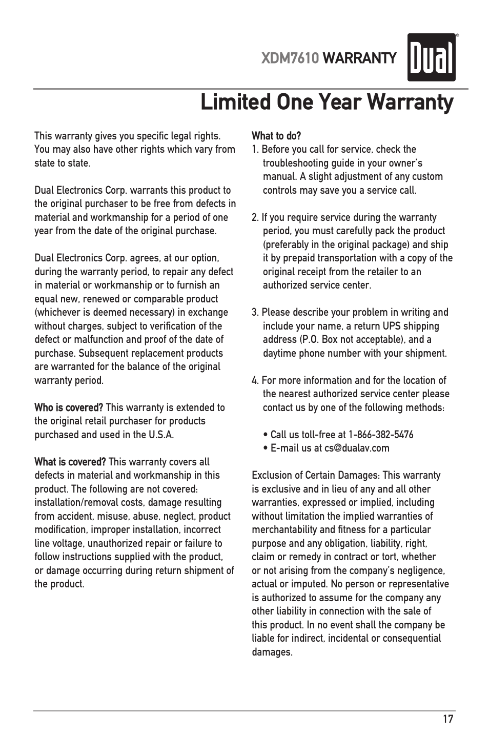 Limited one year warranty, Xdm7610 warranty | Dual XDM7610 User Manual | Page 17 / 20
