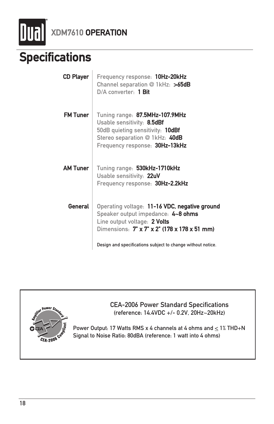 Specifications, Xdm7610 operation | Dual XDM7610 User Manual | Page 18 / 20