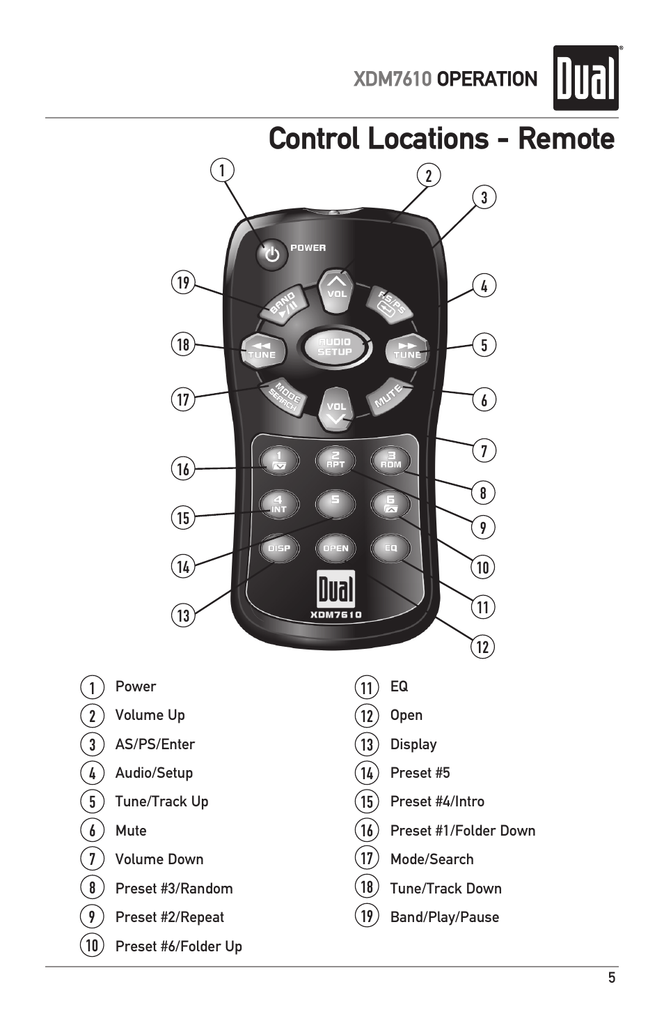 Control locations - remote, Xdm7610 operation | Dual XDM7610 User Manual | Page 5 / 20