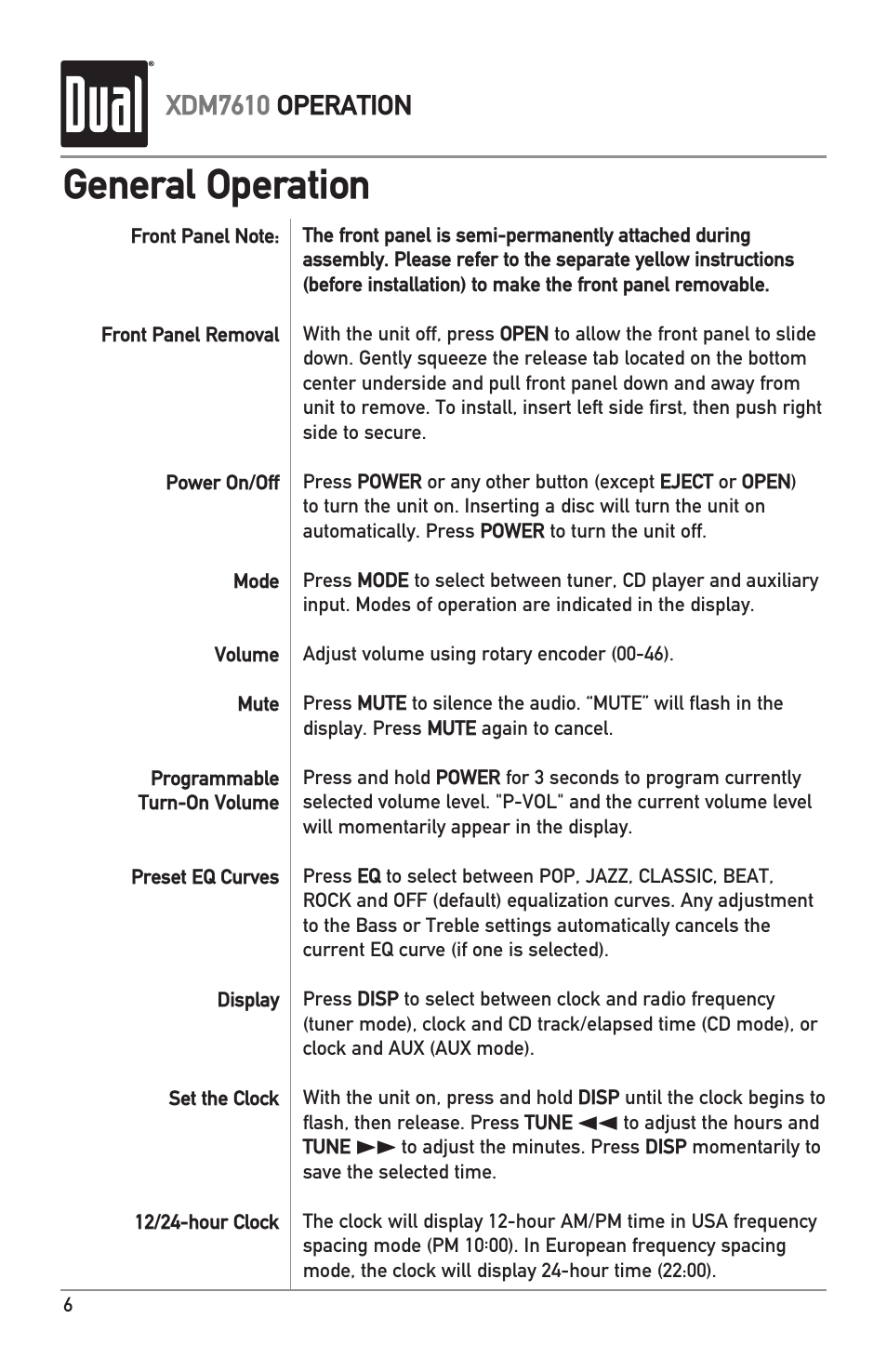General operation, Xdm7610 operation | Dual XDM7610 User Manual | Page 6 / 20