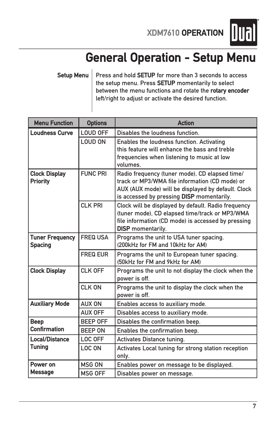 General operation - setup menu, Xdm7610 operation | Dual XDM7610 User Manual | Page 7 / 20