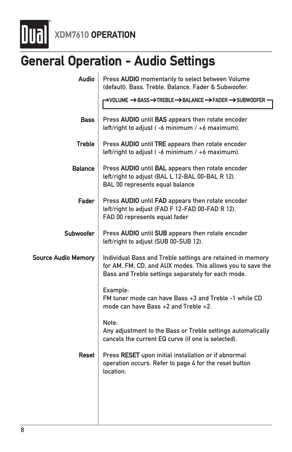 General operation - audio settings, Xdm7610 operation | Dual XDM7610 User Manual | Page 8 / 20